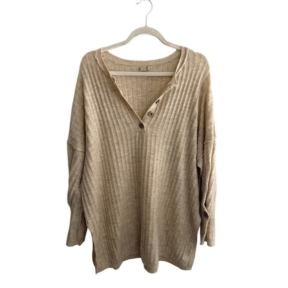 Free People Soft Ribbed Knit Mocha Henley Layering Minimalist Oversized Sweater - Picture 1 of 6